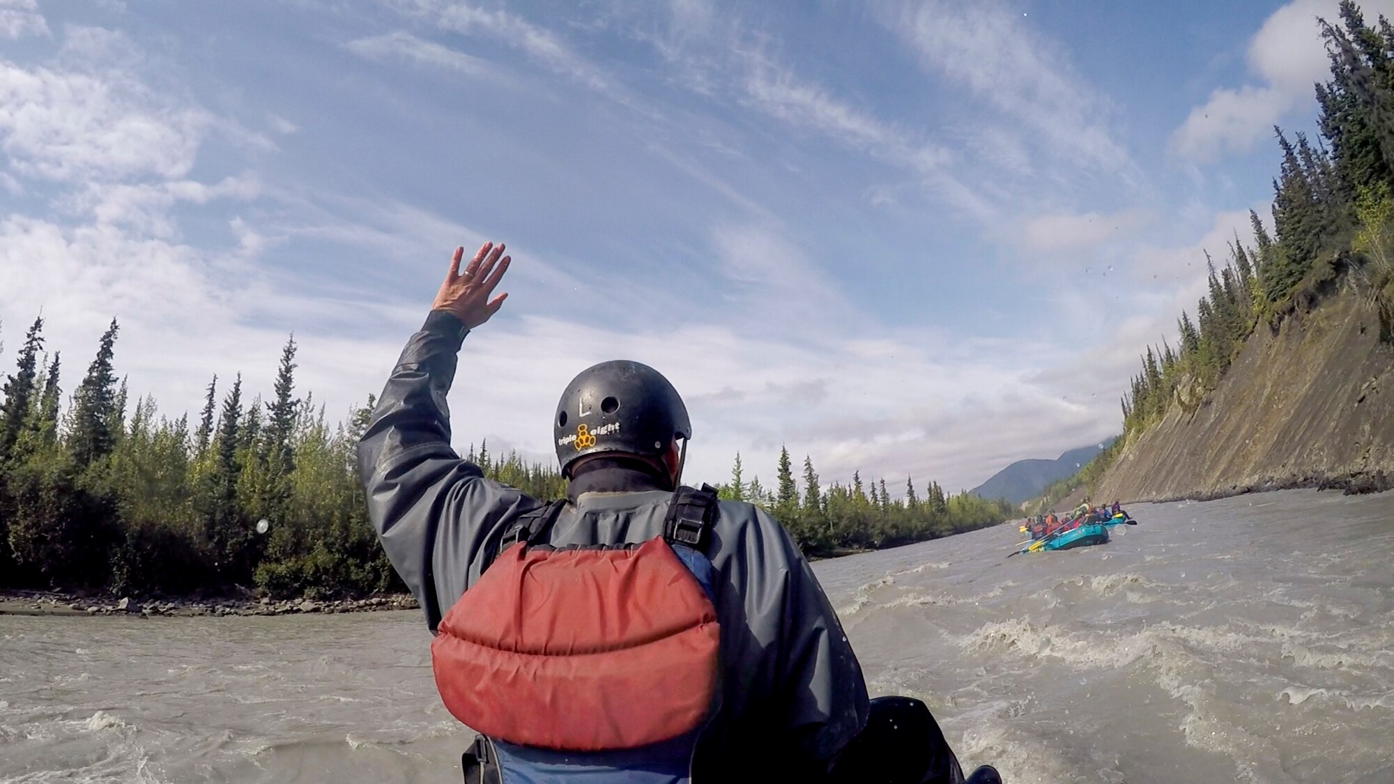 Members from the 673d Civil Engineer Group ride whitewater rapids on the Matanuska River, Alaska, as a Task Force True North activity July 26, 2019. Task Force True North is an initiative started in July 2018 to address Comprehensive Airman Fitness and decrease negative outcomes like sexual assault, suicide, domestic and workplace violence. Task Force True North embeds a religious support team and mental health counselors in groups to decentralize resources available to Airmen.