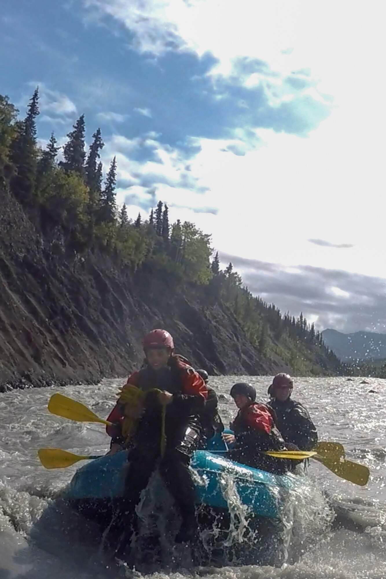 Members from the 673d Civil Engineer Group ride whitewater rapids on the Matanuska River, Alaska, as a Task Force True North activity July 26, 2019. Task Force True North is an initiative started in July 2018 to address Comprehensive Airman Fitness and decrease negative outcomes like sexual assault, suicide, domestic and workplace violence. Task Force True North embeds a religious support team and mental health counselors in groups to decentralize resources available to Airmen.