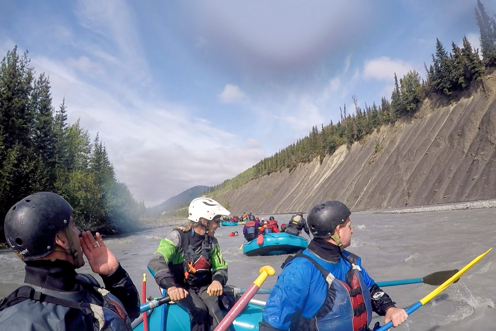 Members from the 673d Civil Engineer Group ride whitewater rapids on the Matanuska River, Alaska, as a Task Force True North activity July 26, 2019. Task Force True North is an initiative started in July 2018 to address Comprehensive Airman Fitness and decrease negative outcomes like sexual assault, suicide, domestic and workplace violence. Task Force True North embeds a religious support team and mental health counselors in groups to decentralize resources available to Airmen.