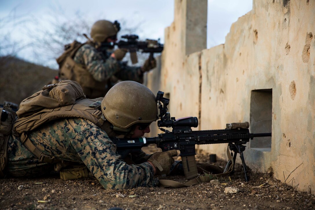 U.S. Marines with Special Purpose Marine Air-Ground Task Force-Crisis Response-Africa 19.2, Marine Forces Europe and Africa, rehearse infantry tactics during a training exercise in Dakar, Senegal, Aug. 3, 2019. SPMAGTF-CR-AF is deployed to conduct crisis-response and theater-security operations in Africa and promote regional stability by conducting military-to-military training exercises throughout Europe and Africa. (U.S. Marine Corps photo by Cpl. Margaret Gale)