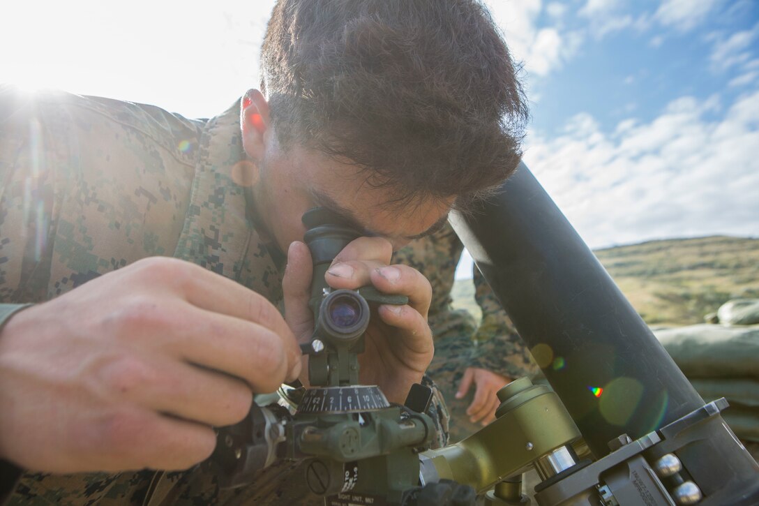 A U.S. Marine with Marine Rotational Force-Europe 19.2, Marine Forces Europe and Africa, sets up an M252 81 mm mortar system during exercise Agile Spirit 2019 in Orpholo, Georgia, August 3, 2019.