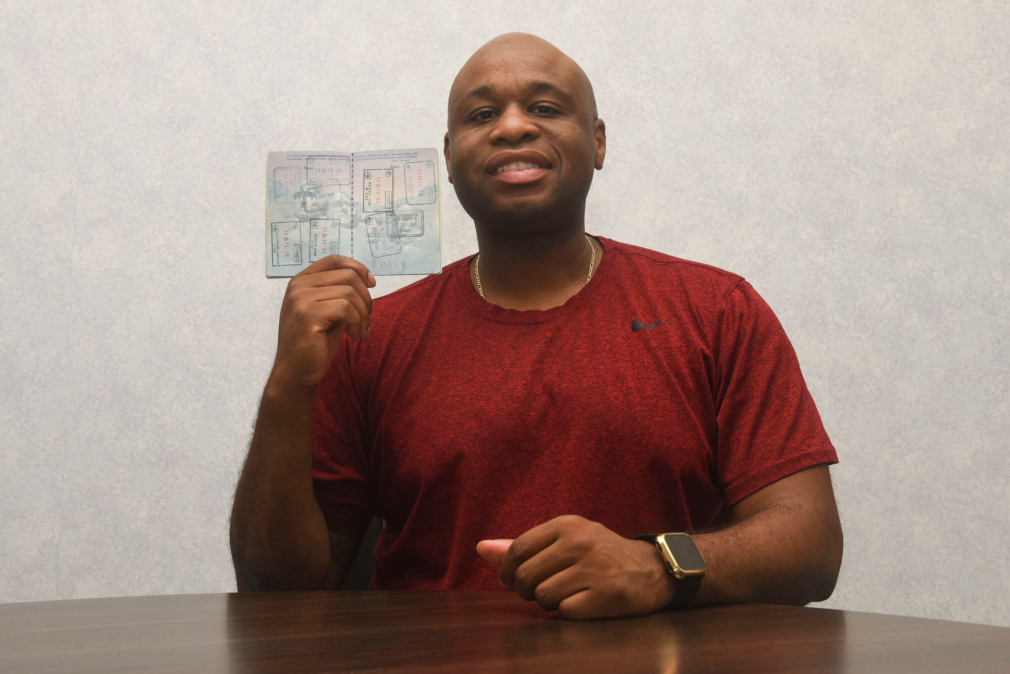U.S. Air Force Tech. Sgt. Landon Scaife, 100th Air Refueling Wing Equal Opportunity advisor, displays the passport stamps he has collected on his travels at RAF Mildenhall, England, Aug. 6, 2019. Scaife has visited more than 20 countries during his two assignments here. (U.S. Air Force photo by Airman 1st Class Joseph Barron)