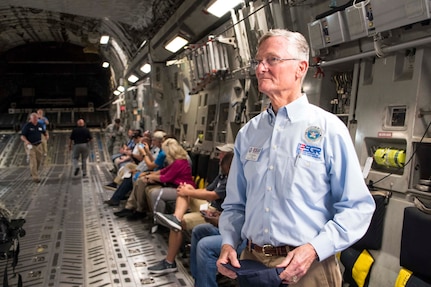 Eli Wishart, chair of the South Carolina Employment Support of the Guard and Reserve, prepares for a C-17 Globemaster III flight during the South Carolina National Guard hosted the South Carolina Employment Support of the Guard and Reserve Bosslift at McEntire Joint National Guard Base in Eastover, South Carolina, July 24, 2019.