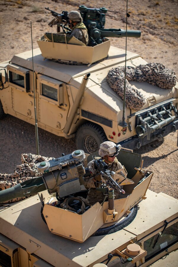 U.S. Marines with 1st Battalion, 25th Marine Regiment, 4th Marine Division, use Humvees for training in Range 220 at Marine Corps Air Ground Combat Center Twentynine Palms, Calif., July 31, 2019, during Integrated Training Exercise 5-19. Reserve Marines with 1/25 participate in ITX to prepare for their upcoming deployment to the Pacific Region. (U.S. Marine Corps photo by Sgt. Andy O. Martinez)