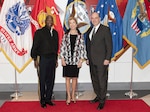DLA Director Army Lt. Gen. Darrell Williams (left) poses for a photo with Undersecretary of Defense for Acquisition and Sustainment Ellen Lord (middle) and DLA Acquisition Director Matt Beebe before DLA Industry Day July 31 at the McNamara Headquarters Complex on Fort Belvoir, Virginia.