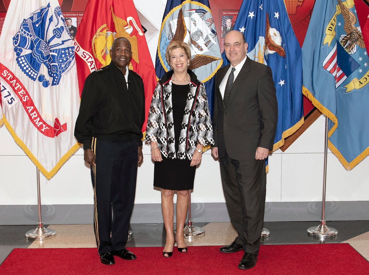 DLA Director Army Lt. Gen. Darrell Williams (left) poses for a photo with Undersecretary of Defense for Acquisition and Sustainment Ellen Lord (middle) and DLA Acquisition Director Matt Beebe before DLA Industry Day July 31 at the McNamara Headquarters Complex on Fort Belvoir, Virginia.