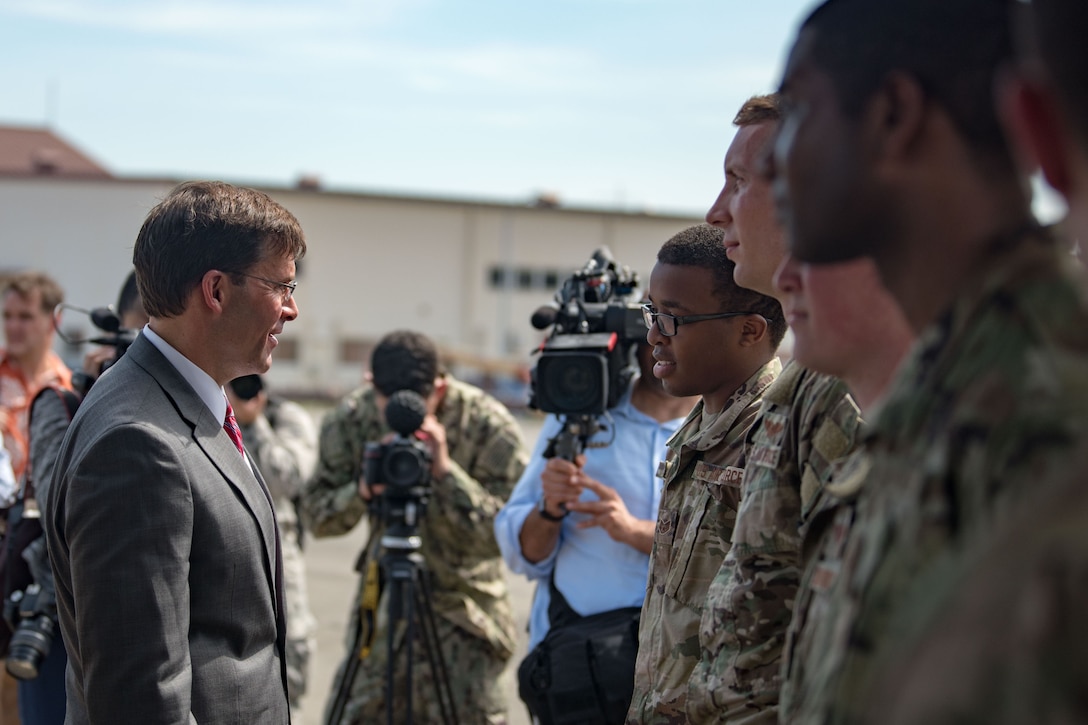 Defense Secretary Dr. Mark T. Esper meets with airmen.