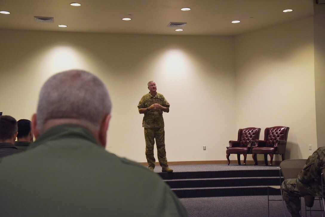 Col. Jeffery Van Dootingh, 403rd Wing commander, held his first civilian commanders call, Aug. 6, 2019 at the Roberts Consolidated Maintenance Facility Auditorium at Keesler Air Force Base, Mississippi. He presented time in service awards to civilians with 10- and 20-years of service and welcomed new members to the 403rd Wing. (U.S. Air Force photo by Jessica L. Kendziorek)