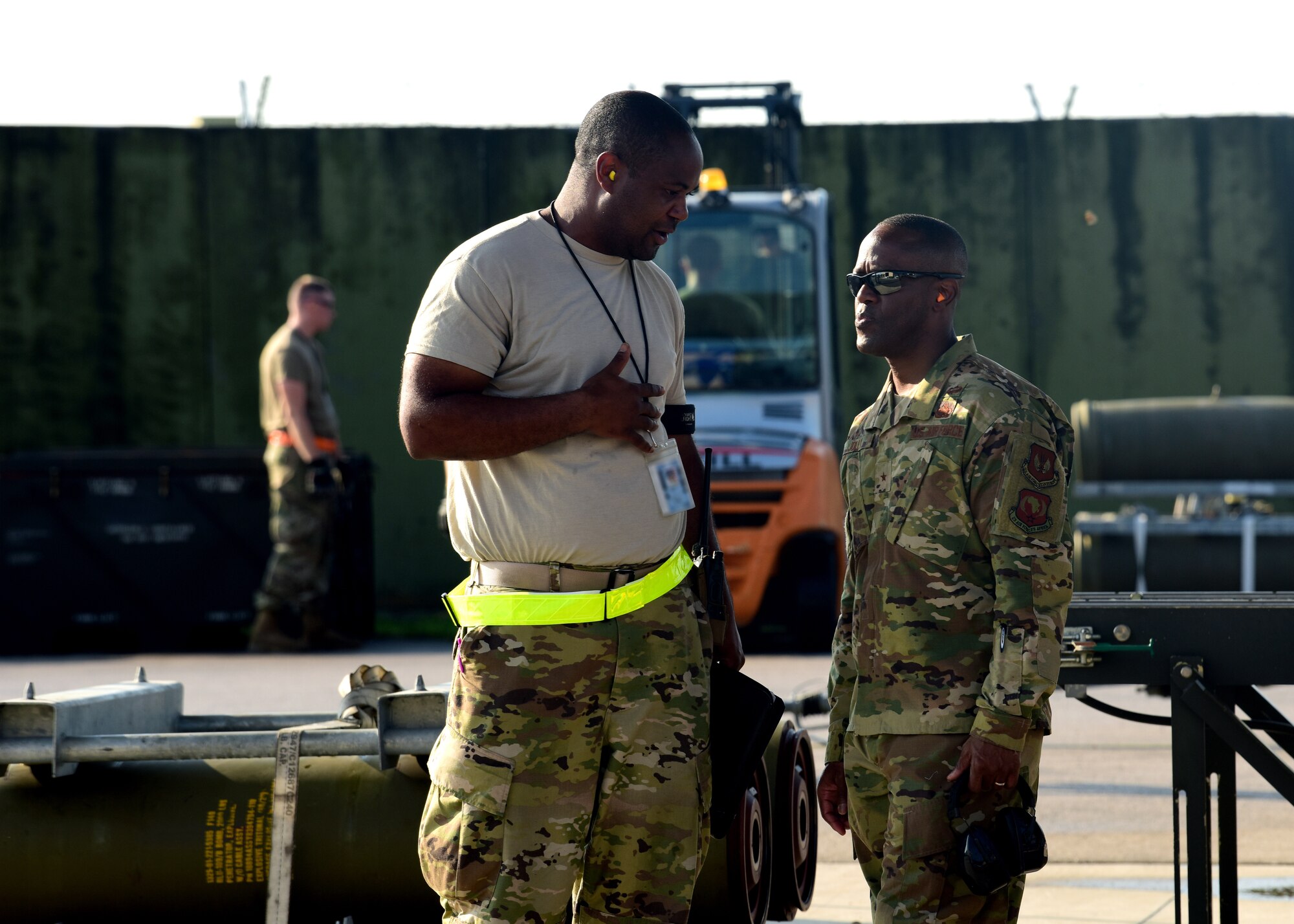 Brig. Gen. Ronald E. Jolly, Director of Logistics, Engineering and Force Protection, Headquarters U.S. Air Forces in Europe-Air Forces Africa, Ramstein Air Base, Germany, is briefed by an Airman during Combat Ammunition Production Exercise 2019 on Aug. 7, 2019, at Aviano Air Base, Italy. USAFE is engaged, postured and ready with credible force to deter adversaries and defend European allies and partners against malign forces in an increasingly complex security environment. (U.S. Air Force photo by Airman 1st Class Caleb House)