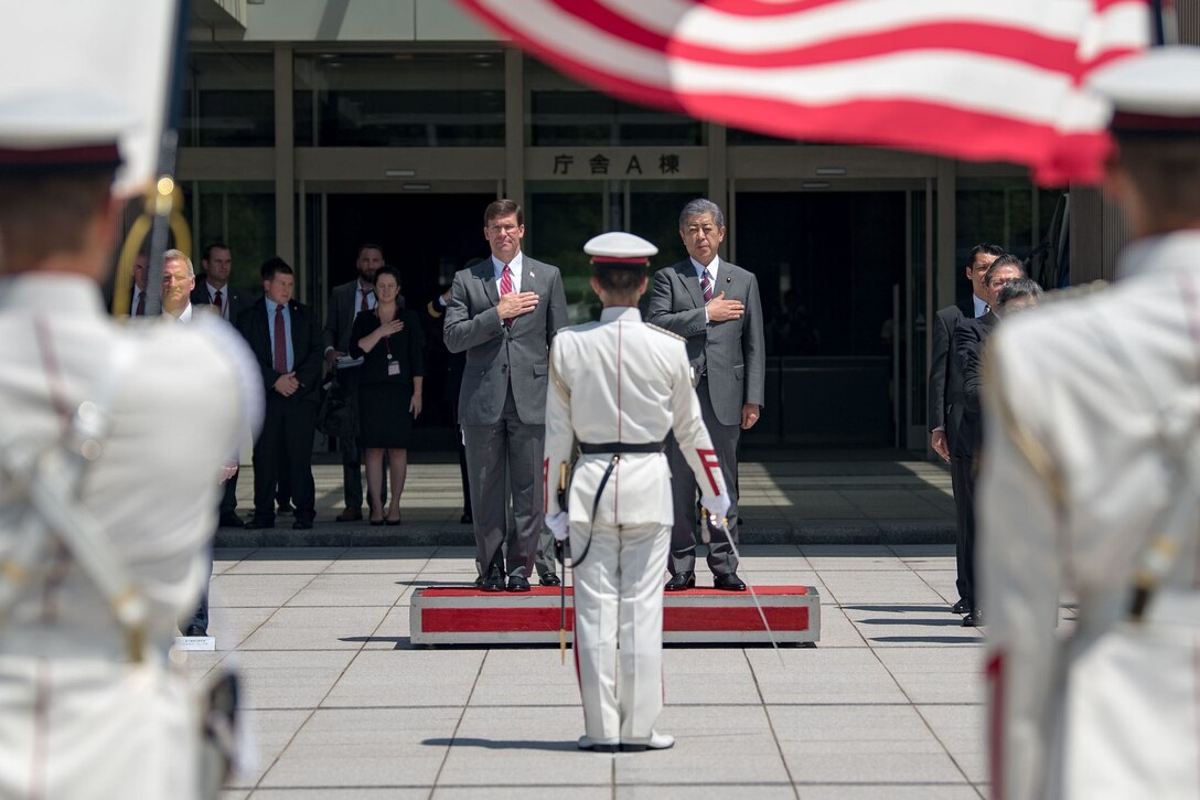Defense Secretary Dr. Mark T. Esper stands with the Japanese Defense Minister.