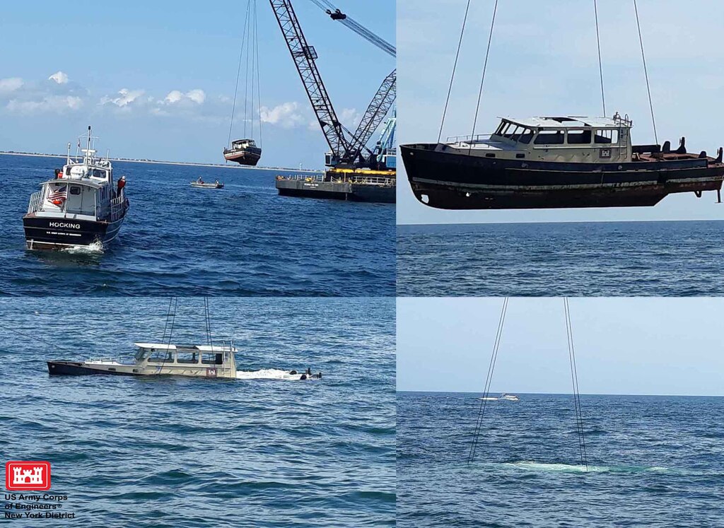 The Army Corps decommissioned vessel HUDSON was lowered off southern Long Island into the Atlantic Ocean as part of an ongoing reef expansion effort. 
The M/V HUDSON will now embark on its second career and continue in service as an artificial reef off of Long Island, NY.