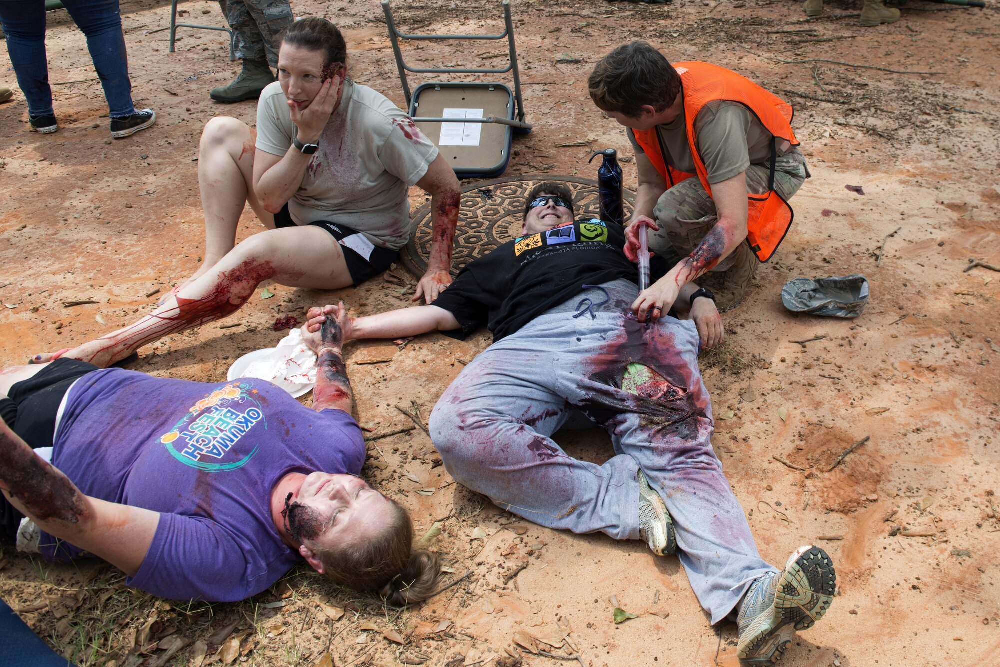 U.S. Air Force Airmen and Team Shaw members participate in a mass casualty exercise at Shaw Air Force Base, South Carolina, Aug. 1, 2019.