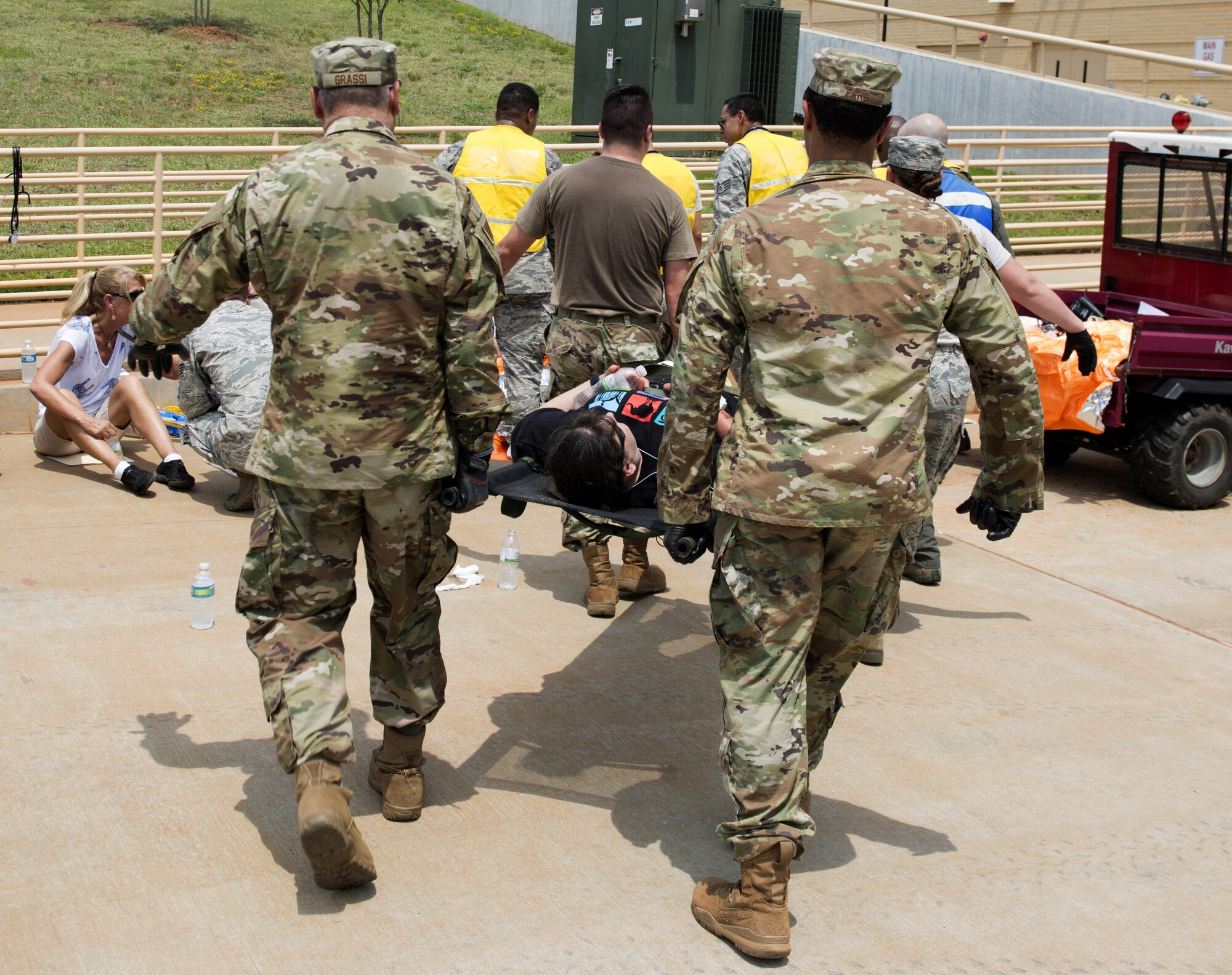 U.S. Air Force Airmen assigned to the 20th Medical Group carry a litter during a mass casualty exercise at Shaw Air Force Base, South Carolina, Aug. 1, 2019.