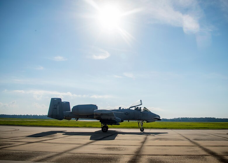 Capt. Robert Poe, 74th Fighter Squadron chief of safety and A-10C Thunderbolt II pilot, taxis an A-10 on the flightline, June 28, 2019, at Moody Air Force Base, Ga. Poe is one of the few Airmen who have earned three different aviation badges. During his 15-year career, Poe earned his enlisted aircrew wings as a boom operator for KC-135 Stratotankers, then commissioned as a navigator for the U-28A aircraft and earned his combat systems officer badge. In 2013 he cross-trained to earn his pilot wings and become an A-10 pilot. (U.S. Air Force photo by Airman 1st Class Eugene Oliver)