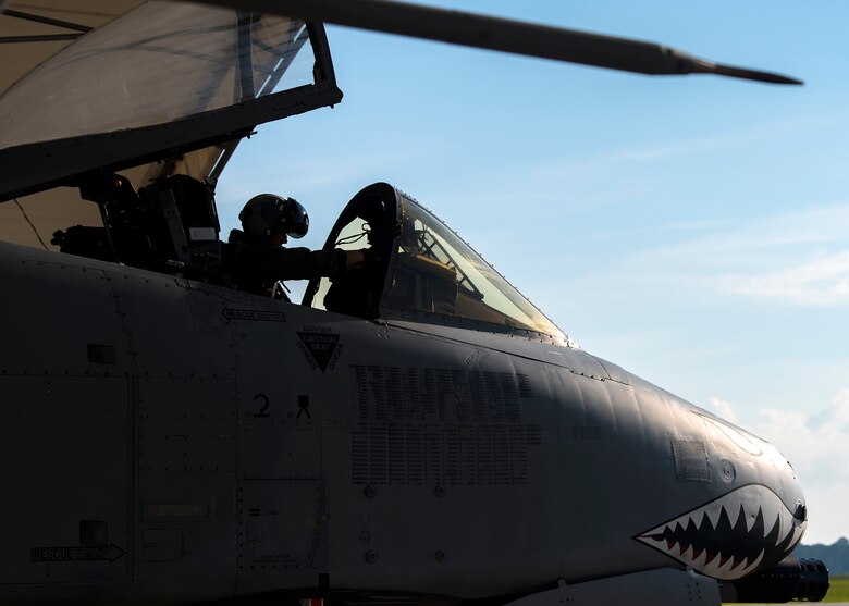 Capt. Robert Poe, 74th Fighter Squadron chief of safety and A-10C Thunderbolt II pilot, prepares to taxi an A-10, June 28, 2019, at Moody Air Force Base, Ga. Poe is one of the few Airmen who have earned three different aviation badges. During his 15-year career, Poe earned his enlisted aircrew wings as a boom operator for KC-135 Stratotankers, then commissioned as a navigator for the U-28A aircraft and earned his combat systems officer badge. In 2013 he cross-trained to earn his pilot wings and become an A-10 pilot. (U.S. Air Force photo by Airman 1st Class Eugene Oliver)