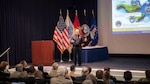 Air Force Maj. Gen. Allan Day, DLA Logistics Operations director, describes how DLA uses automated systems and daily contact with warfighters to forecast future demands July 31 at DLA Industry Day at the McNamara Headquarters Complex on Fort Belvoir, Virginia.