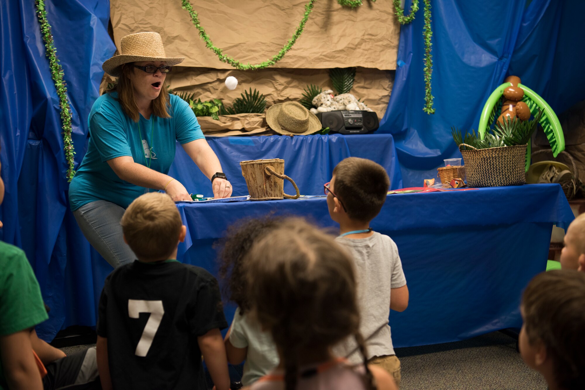 Children learn crafts at an imagination station during Vacation Bible School (VBS) August 6, 2019, at Mountain Home Air Force Base, Idaho. VBS is an annual event put on for youth to grow their faith and strengthen community relationships. (U.S. Air Force photo by Airman 1st Class Andrew Kobialka)