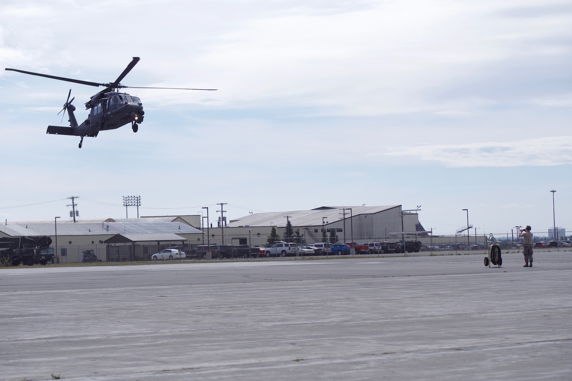 Piloted by Alaska Air National Guard Maj. Paul Rauenhorst and Capt. Seth Peterson, the first 210th Rescue Squadron Operational Loss Replacement HH-60G Pave Hawk is delivered Aug. 5, 2019, to Joint Base Elmendorf-Richardson, Alaska.