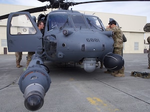 Piloted by Alaska Air National Guard Maj. Paul Rauenhorst and Capt. Seth Peterson, the first 210th Rescue Squadron Operational Loss Replacement HH-60G Pave Hawk is delivered Aug. 5, 2019, to Joint Base Elmendorf-Richardson, Alaska.