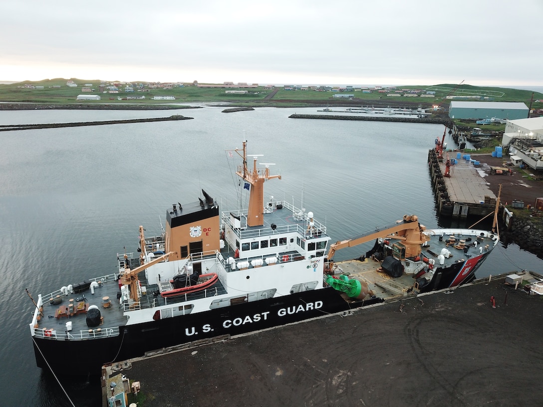 Coast Guard Cutter Spar, a Kodiak, Alaska-based 225-foot seagoing buoy tender, maintains buoys and beacons around Alaska’s Aleutian Islands June 28, 2019.