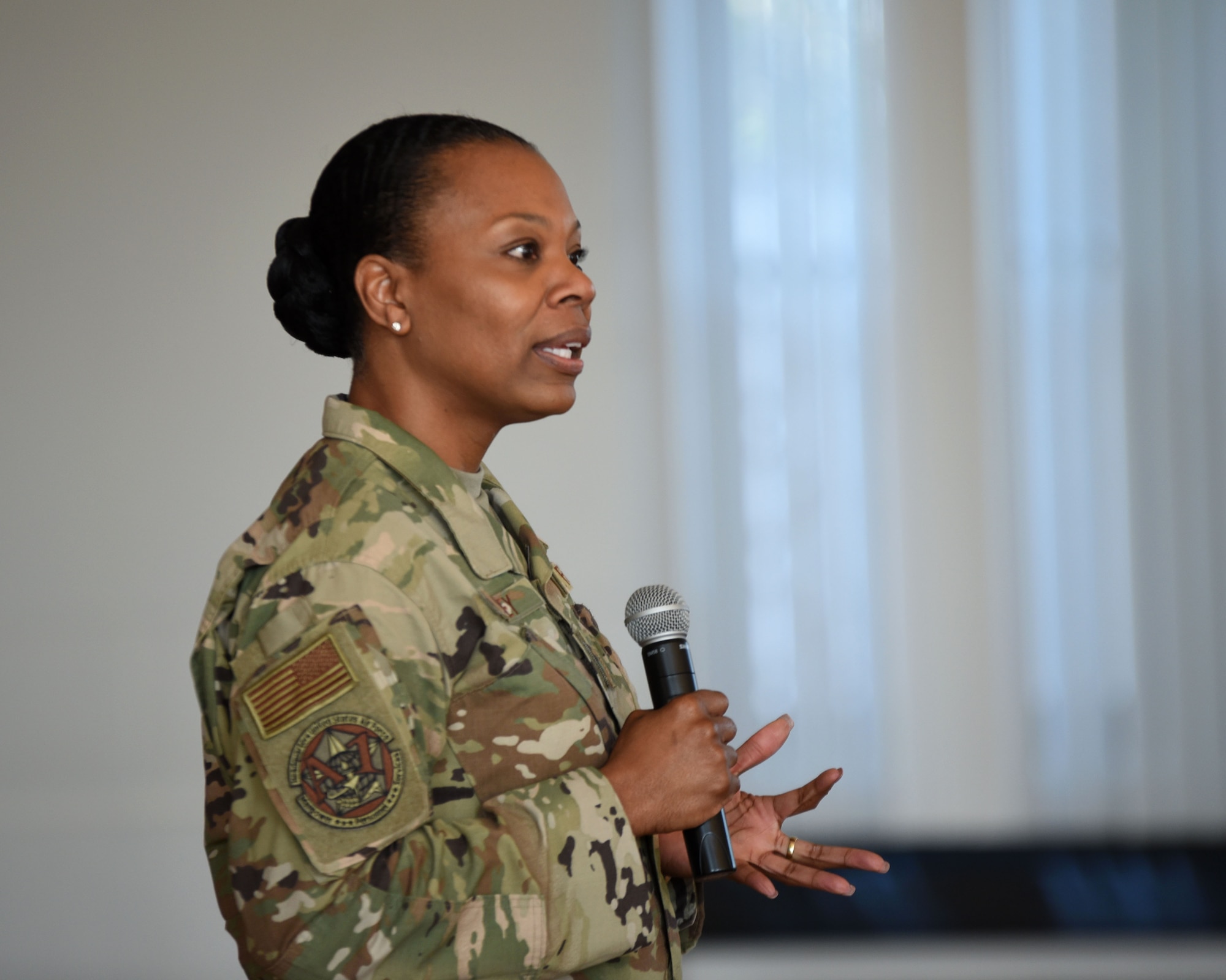 U.S. Air Force Chief Master Sgt. Janna Wesley, Chief of Military Force Management, speaks with 70th Intelligence, Surveillance and Reconnaissance Wing Airmen during a diversity and inclusion briefing at Fort George G. Meade, Maryland, Aug. 6, 2019. Wesley delivered a powerful speech and discussed overcoming barriers, as well as helping Airmen identify unconscious biases. (U.S. Air Force photo by Airman 1st Class Madison Frazier)