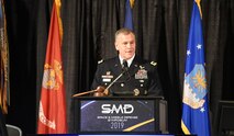 Lt. Gen. James H. Dickinson, commanding general, U.S. Army Space and Missile Defense Command, speaks at the 22nd Space and Missile Defense Symposium at the Von Braun Center, Huntsville, Alabama, Aug. 6. (U.S. Army photo by Dottie K. White)