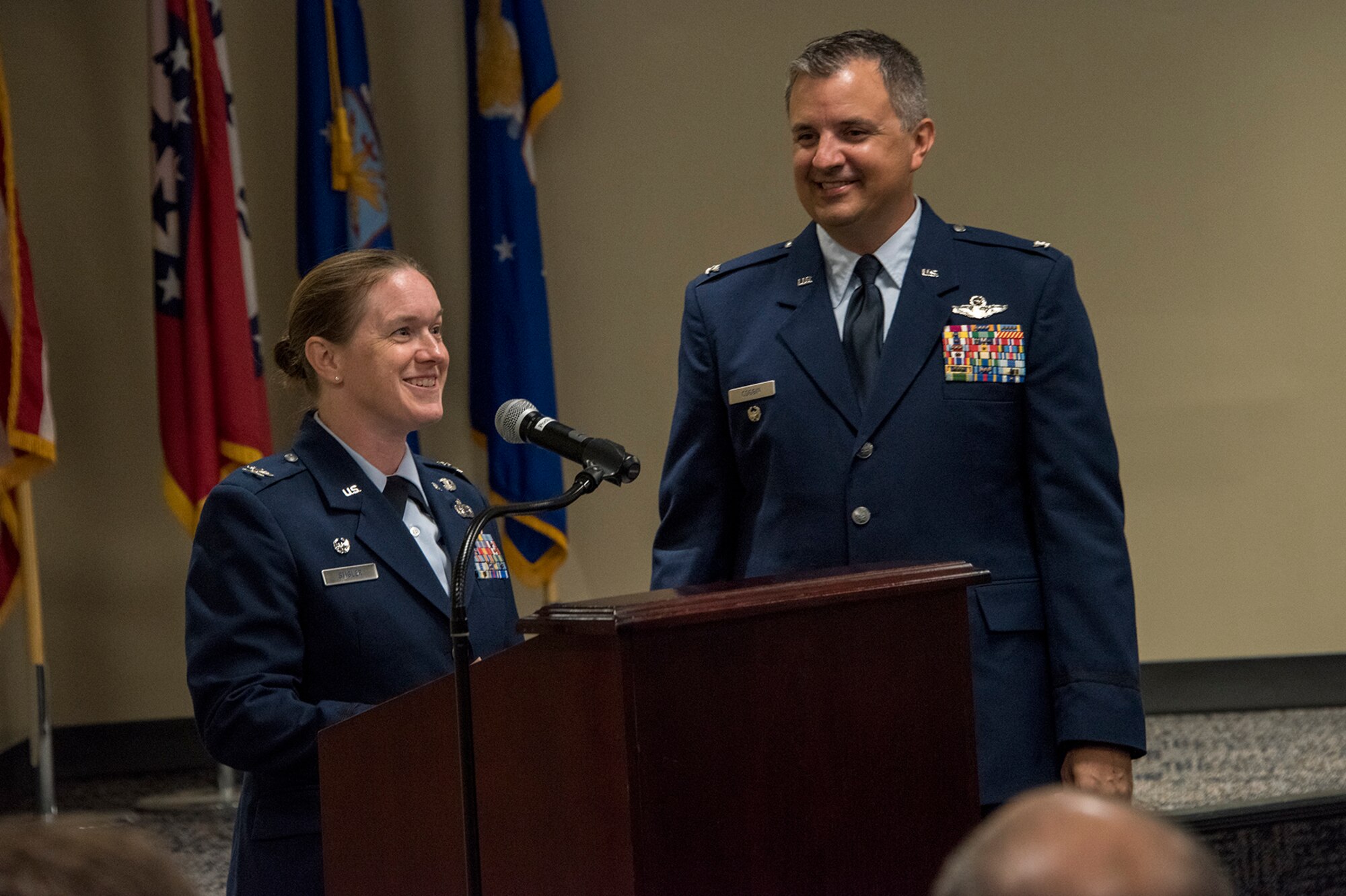 Col. Sara A. Stigler, 188th Intelligence, Surveillance and Reconnaissance Group commander, delivers remarks during a promotion ceremony August 7, 2019, at Ebbing Air National Guard Base, Ft. Smith, Arkansas. The wing promoted Stigler and Patric D. Coggin, 188th Operations Support Squadron commander to the rank of colonel. (U.S. Air National Guard photo by Tech. Sgt. John E. Hillier)