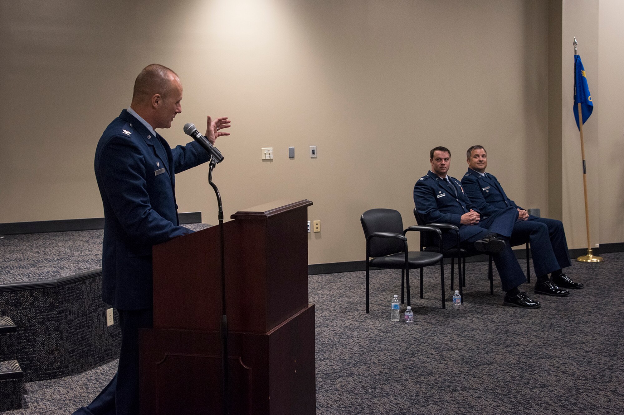 Col. Robert I. Kinney, 188th Wing commander, delivers remarks during a change of command ceremony August 7, 2019, at Ebbing Air National Guard Base, Ft. Smith, Arkansas. Col. Patric D. Coggin assumed command of the 188th Operations Group from Col. Jeremiah S. Gentry, who will be promoted to the position of wing vice commander during the wing’s August 2019 unit training assembly. (U.S. Air National Guard photo by Tech. Sgt. John E. Hillier)