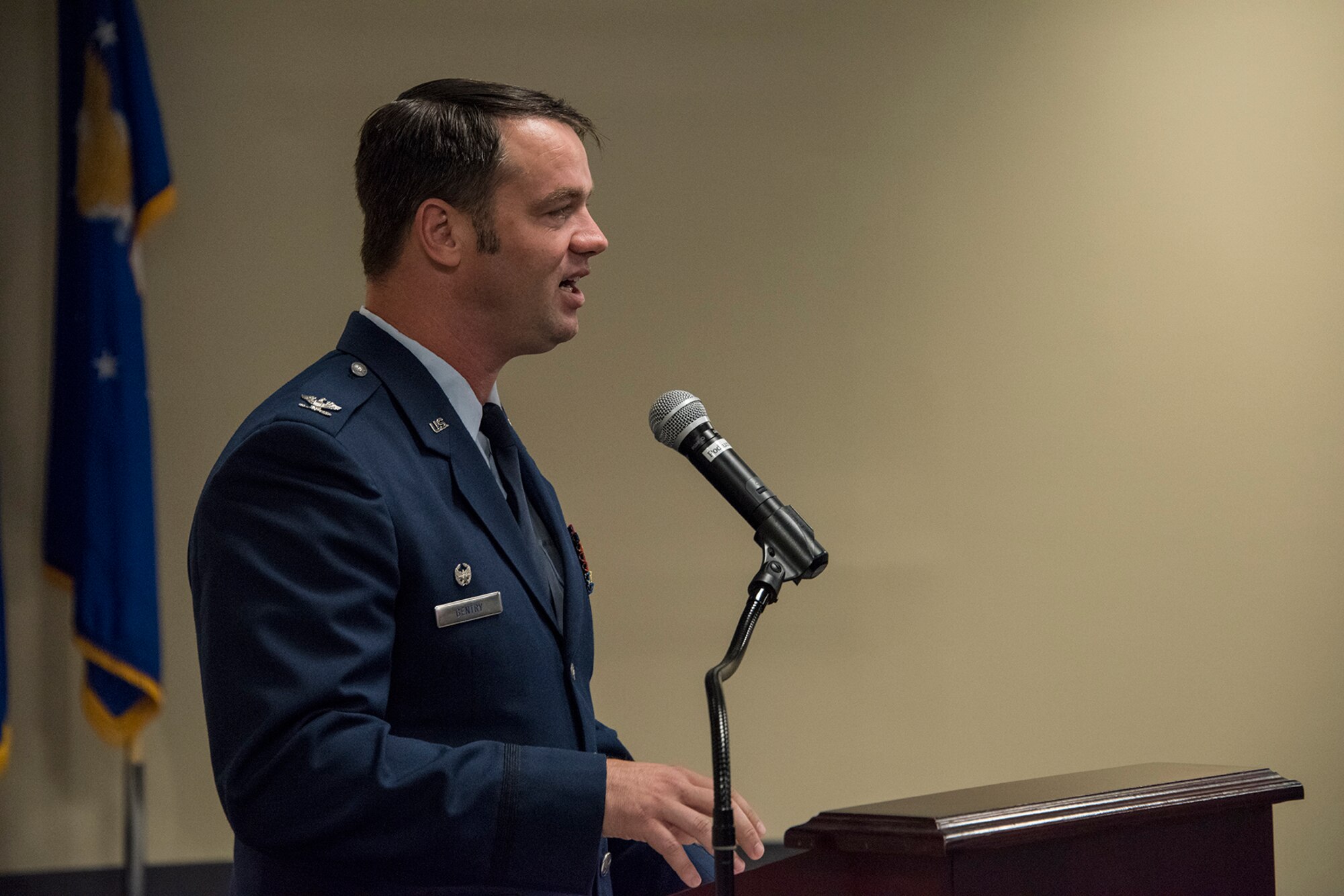 Col. Jeremiah S. Gentry, outgoing 188th Operations Group commander, delivers remarks during a change of command ceremony August 7, 2019, at Ebbing Air National Guard Base, Ft. Smith, Arkansas. Col. Patric D. Coggin assumed command of the 188th Operations Group from Gentry, who will be promoted to the position of wing vice commander during the wing’s August 2019 unit training assembly. (U.S. Air National Guard photo by Tech. Sgt. John E. Hillier)
