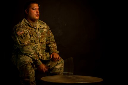 U.S. Army Specialist Nathan Creel, an animal care specialist assigned to the Charleston Veterinary Treatment Facility, performs on his southern drum at Joint Base Charleston, S.C., July 3, 2019.
