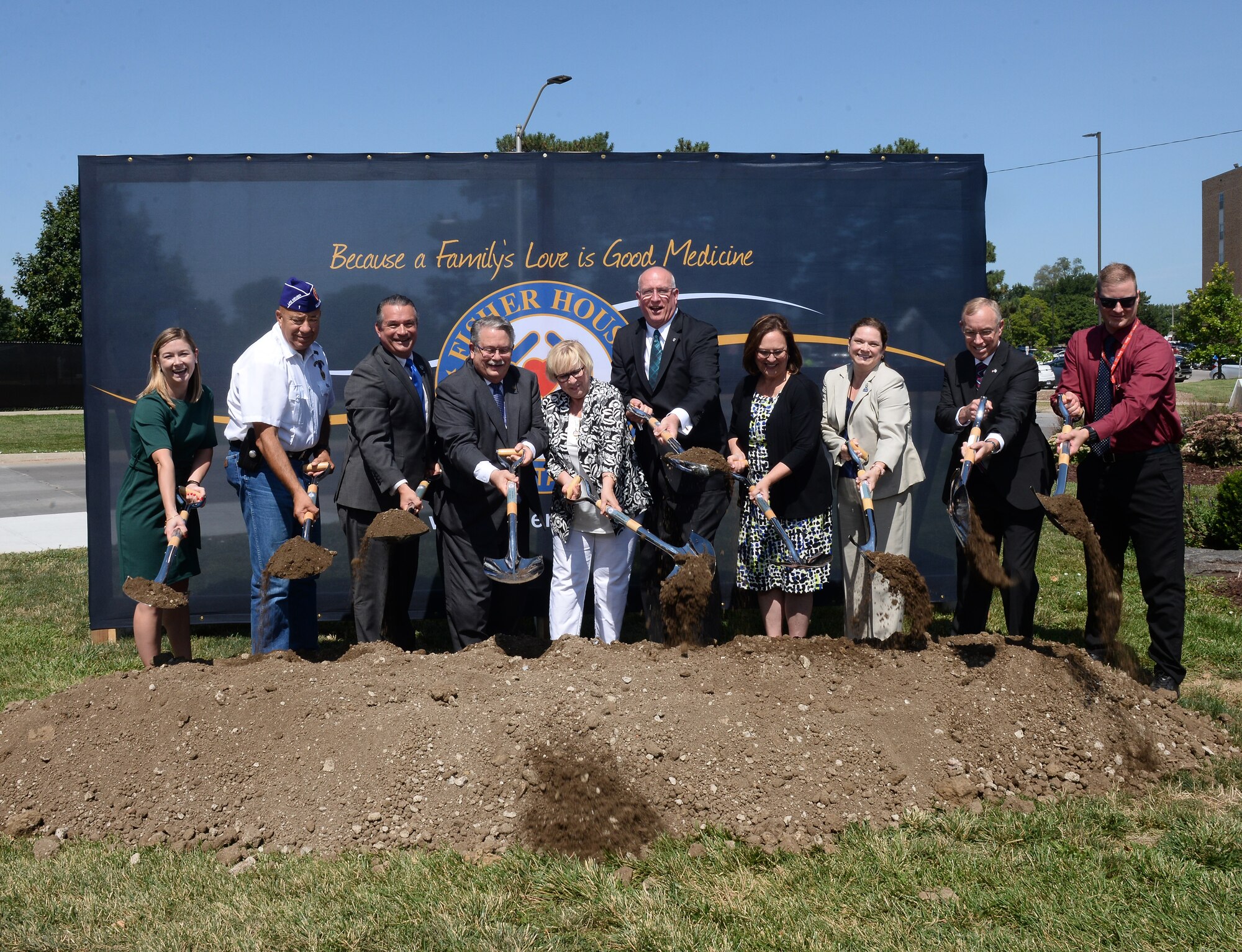 From left to right: Colleen Vonderharr, Fisher House acting manager, Tom Brewerm, State Senator, Don Bacon, United States Congressman, Don Burman, Veteran Nebraska-Western Iowa Health Care system director, Barb Yllescas Vorthmann, Nebraska Gold Star Mothers vice president, David Coker, Fisher House Foundation president, Deb Fischer, United States Senator, Jennifer Kogert, Veteran's Affairs Fisher House & Family, Patrick Dawson, VA Nebraska-Western Iowa Health Care System assistant director, Rob Norrie, lead engineer, mark the beginning of construction on the first Fisher House in Nebraska during a groundbreaking ceremony Aug. 7, 2019, at the Veteran Affairs Medical Center in Omaha, Nebraska. There are currently 84 Fisher Houses in operation across the United States and in Germany and the United Kingdom.