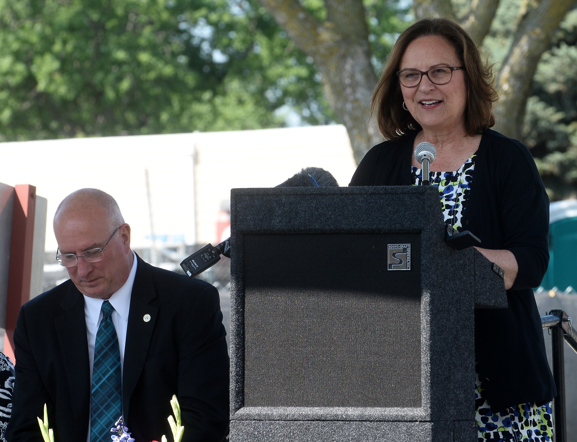 Deb Fischer, United States Senator, gives remarks during the groundbreaking ceremony for the Fisher House project at the Veteran Affairs Medical Center in Omaha, Nebraska Aug. 7, 2019. The new housing will open in 2020 and be able to accommodate up to 16 families of veterans, military servicemen and their families.