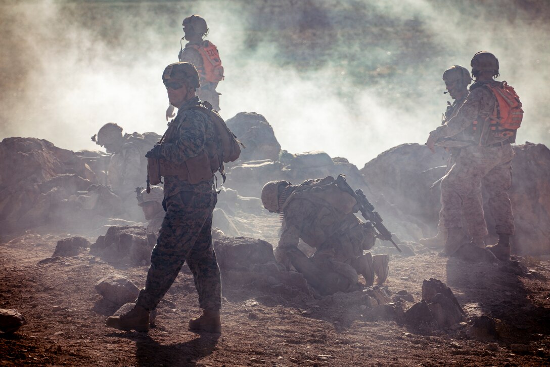 U.S. Marines with 1st Battalion, 25th Marine Regiment, 4th Marine Division, engage with simulated hostiles at Range 400 during Integrated Training Exercise 5-19 at Marine Corps Air Ground Combat Center Twentynine Palms, Calif., Aug. 5, 2019. Reserve Marines with 1/25 participate in ITX to prepare for their upcoming deployment to the Pacific Region. (U.S. Marine Corps photo by Lance Cpl. Jose Gonzalez)