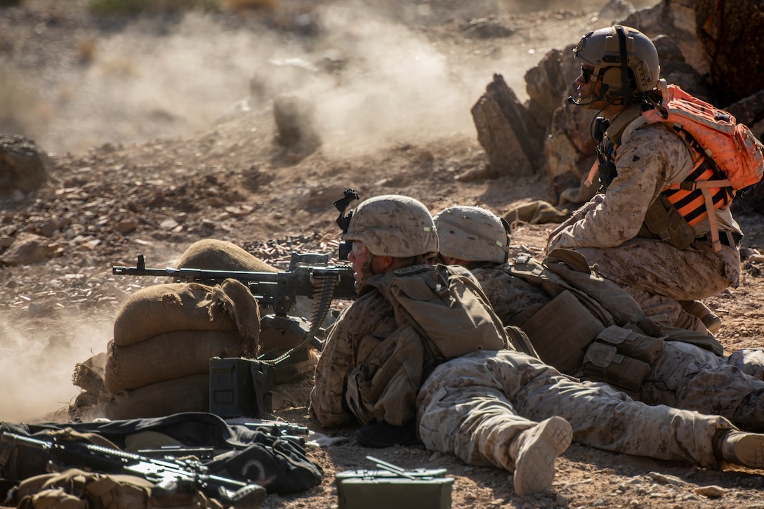 U.S. Marines with 1st Battalion, 25th Marine Regiment, 4th Marine Division, engage with simulated hostiles at Range 400 during Integrated Training Exercise 5-19 at Marine Corps Air Ground Combat Center Twentynine Palms, Calif., Aug. 5, 2019. Reserve Marines with 1/25 participate in ITX to prepare for their upcoming deployment to the Pacific Region. (U.S. Marine Corps photo by Lance Cpl. Jose Gonzalez)