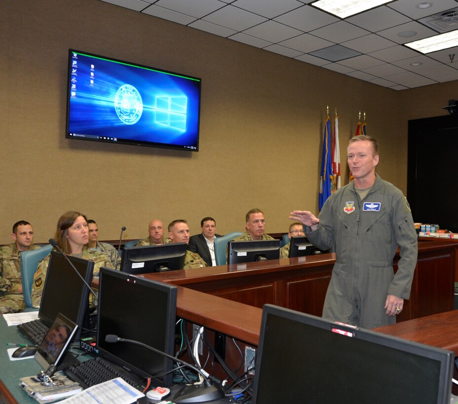 Brig. Gen. Kenneth Ekman, 1st Air Force (Air Forces Northern) Vice Commander, makes a point to participants during the Continental U.S. NORAD Region – 1st AF (AFNORTH) 2019 Cyber Summit. (U.S. Air Force Photo by Mary McHale)