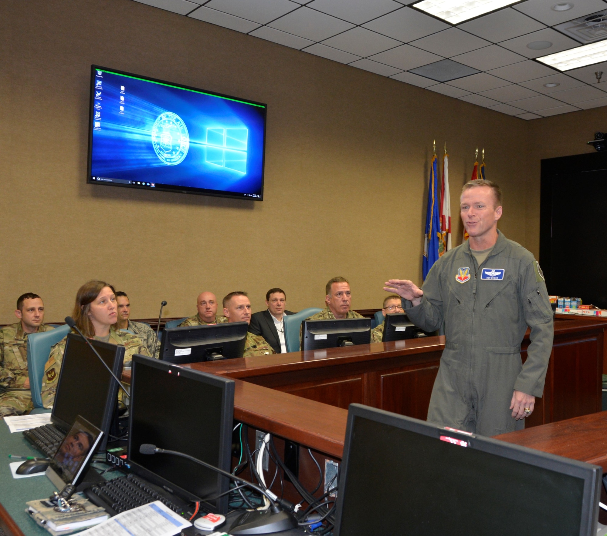 Brig. Gen. Kenneth Ekman, 1st Air Force (Air Forces Northern) Vice Commander, makes a point to participants during the Continental U.S. NORAD Region – 1st AF (AFNORTH) 2019 Cyber Summit. (U.S. Air Force Photo by Mary McHale)