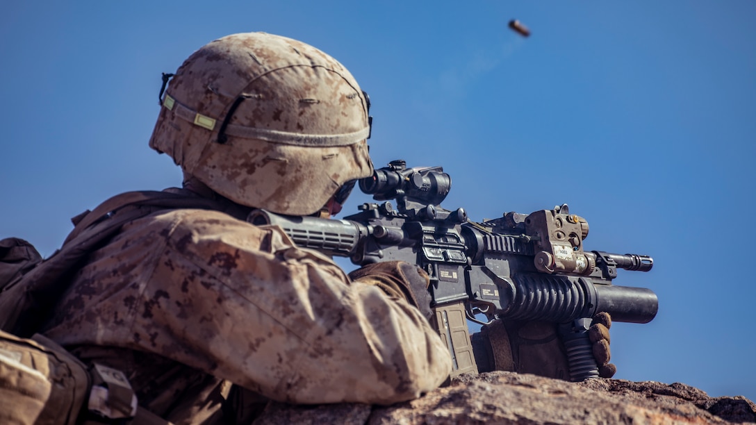 A U.S. Marine with 1st Battalion, 25th Marine Regiment, 4th Marine Division, engages simulated hostiles at Range 400 during Integrated Training Exercise 5-19 at Marine Corps Air Ground Combat Center Twentynine Palms, Calif., Aug. 5, 2019. Reserve Marines with 1/25 participate in ITX to prepare for their upcoming deployment to the Pacific Region. (U.S. Marine Corps photo by Lance Cpl. Jose Gonzalez)