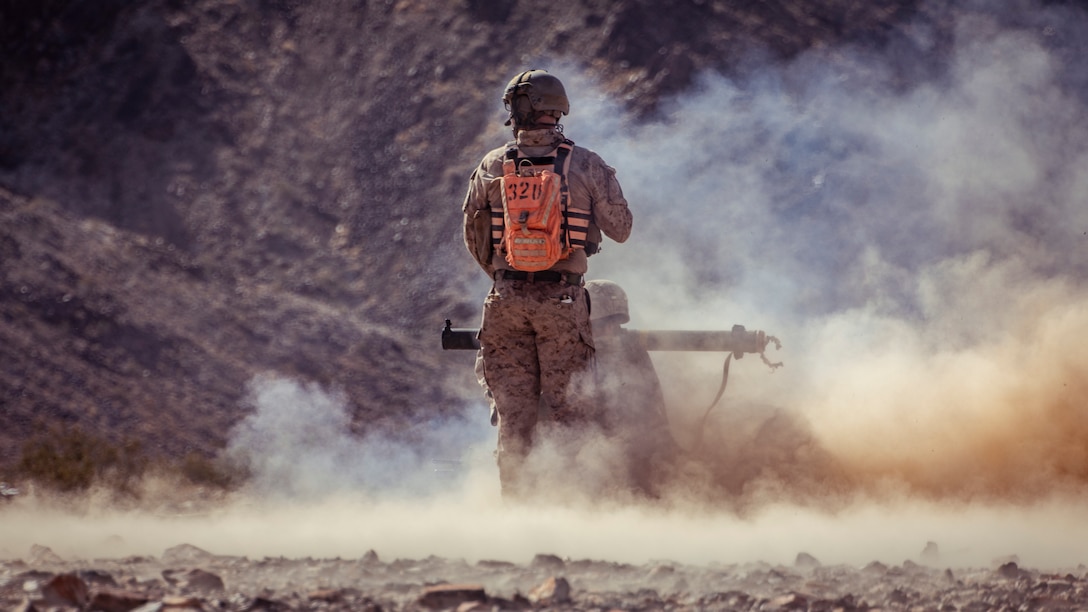 A U.S. Marine with 1st Battalion, 25th Marine Regiment, 4th Marine Division, fires a Shoulder-Launched Multipurpose Assault Weapon at Range 400 during Integrated Training Exercise 5-19 at Marine Corps Air Ground Combat Center Twentynine Palms, Calif., Aug. 5, 2019. Reserve Marines with 1/25 participate in ITX to prepare for their upcoming deployment to the Pacific Region. (U.S. Marine Corps photo by Lance Cpl. Jose Gonzalez)