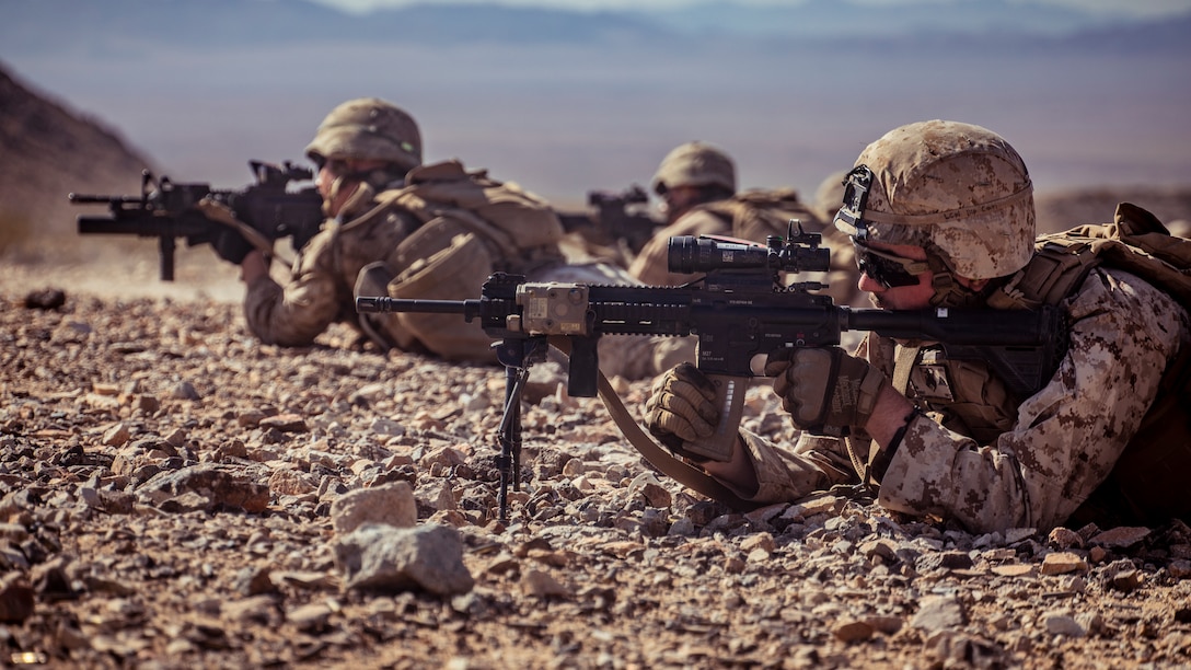 U.S. Marines with 1st Battalion, 25th Marine Regiment, 4th Marine Division, engage simulated hostiles at Range 400 during Integrated Training Exercise 5-19 at Marine Corps Air Ground Combat Center Twentynine Palms, Calif., Aug. 5, 2019. Reserve Marines with 1/25 participate in ITX to prepare for their upcoming deployment to the Pacific Region. (U.S. Marine Corps photo by Lance Cpl. Jose Gonzalez)