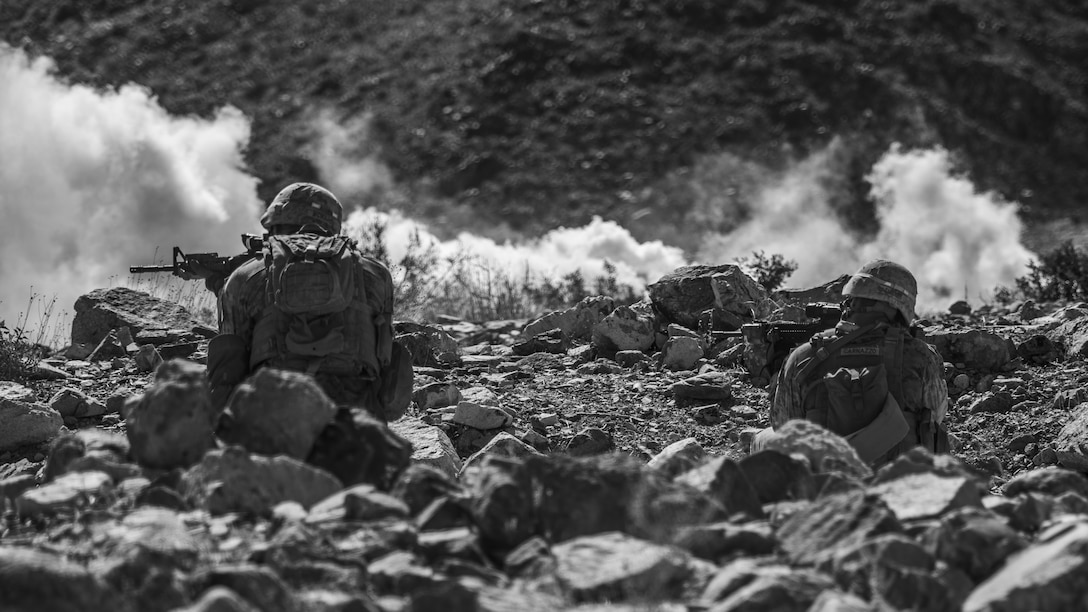 U.S. Marines with 1st Battalion, 25th Marine Regiment, 4th Marine Division, engage simulated hostiles at Range 400 during Integrated Training Exercise 5-19 at Marine Corps Air Ground Combat Center Twentynine Palms, Calif., Aug. 5, 2019. Reserve Marines with 1/25 participate in ITX to prepare for their upcoming deployment to the Pacific Region. (U.S. Marine Corps photo by Lance Cpl. Jose Gonzalez)