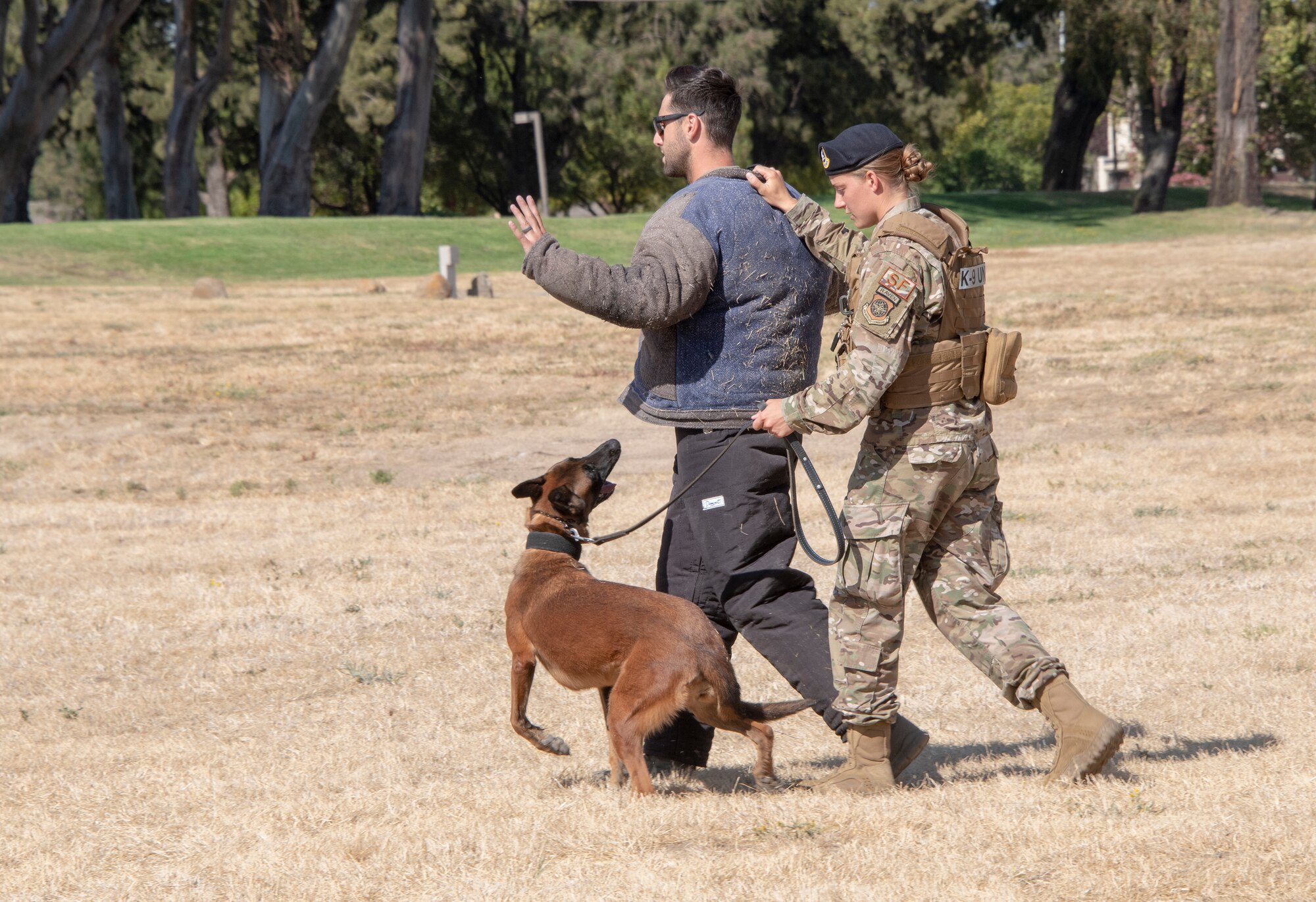 U.S. Air Force Staff Sgt. Jordan Hrkach, Senior Airman Alexa Ammerman and Military Working Dog Aaraphao, 60th Security Forces Squadron canine unit, conduct an escort presentation during the 60th SFS National Night Out Aug. 6, 2019, at Travis Air Force Base, California. National Night Out is an annual community-building campaign that promotes police-community partnerships and neighborhood camaraderie. The event included a demonstration by military working dogs, live music and a variety of activities for children. (U.S. Air Force photo by Heide Couch)