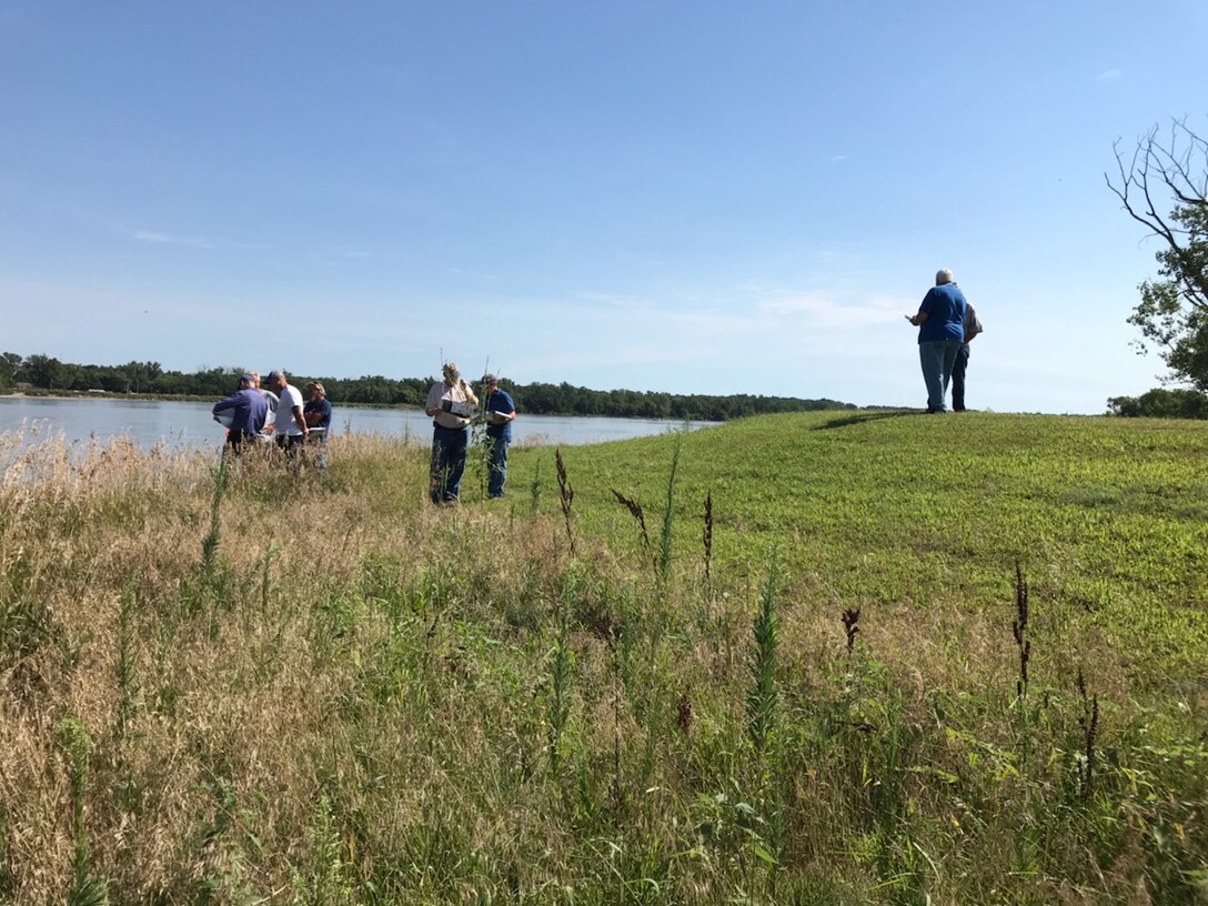 USACE Engineering and Construction Team and the Local Levee Sponsor conducting the Plan In-Hand Review on the Cedar Creek Levee Aug. 7, 2019.