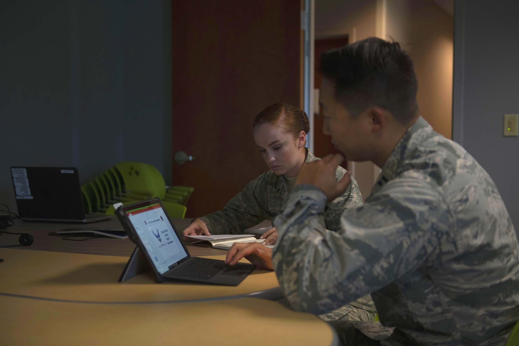 Undergraduate ABM Course students study material at Tyndall Air Force Base, Florida, Aug. 6, 2019. Instructors recorded themselves teaching a lesson and put it up online for students to access throughout the course for reference. (U.S. Air Force photo by Airman 1st Class Heather Leveille)
