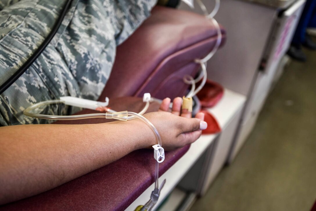 An Airman participates in a blood drive conducted by the Arkansas Blood Institute at Little Rock Air Force Base, Ark., August 4, 2019. The Arkansas Blood Institute is a non-profit blood center whose volunteer donors provide every drop of blood needed by patients in 40 Arkansas hospitals. The number one reason donors say they give blood is because they “want to help others.” (U.S. Air Force photo by Senior Airman Byrnes)