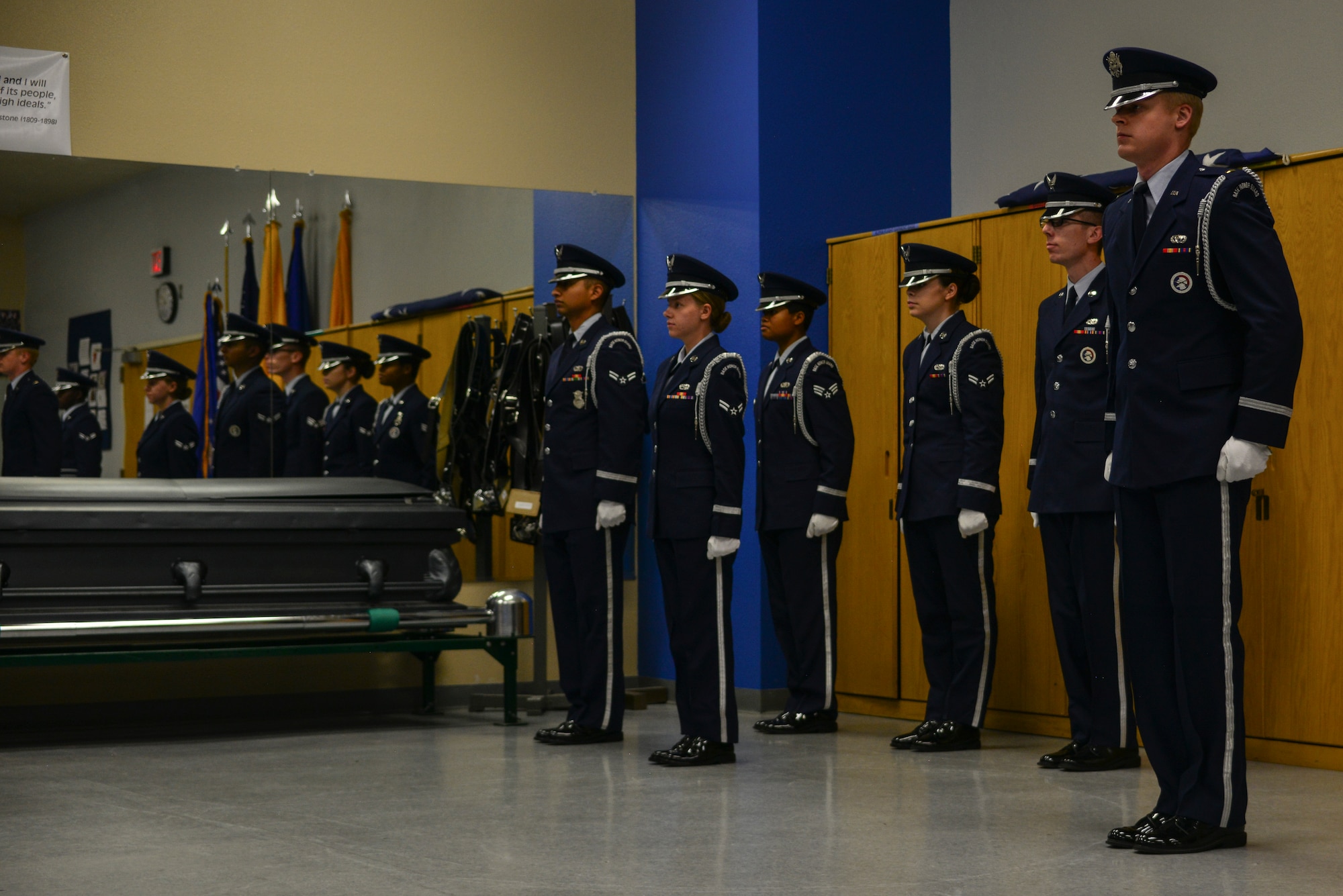 Members of the Kirtland Air Force Base Honor Guard Delta flight prepare to practice a seven member funeral ceremony.
