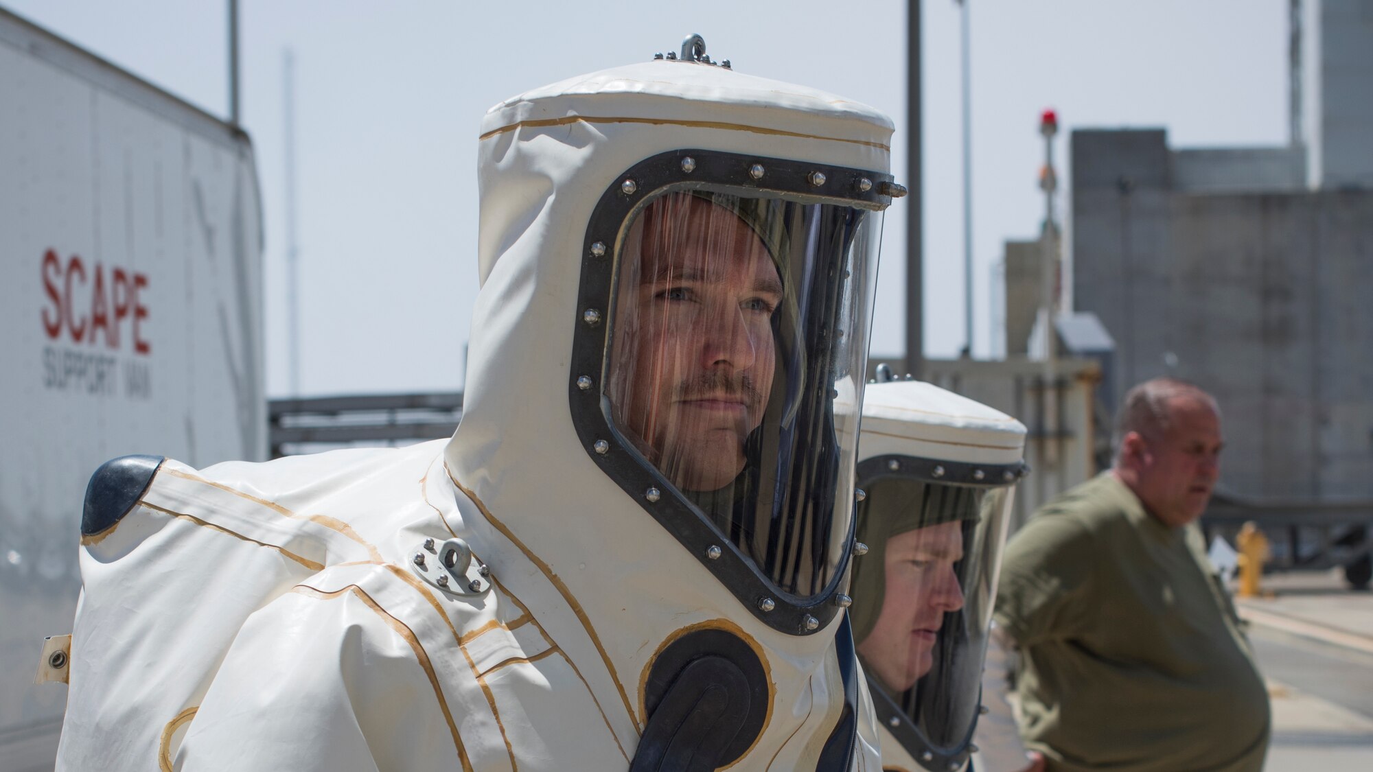 Airmen assigned to the 4th Space Launch Squadron perform operations once a quarter that require them to Self-Contained Atmospheric Protective Ensemble suits at Vandenberg Air Force Base, Calif.