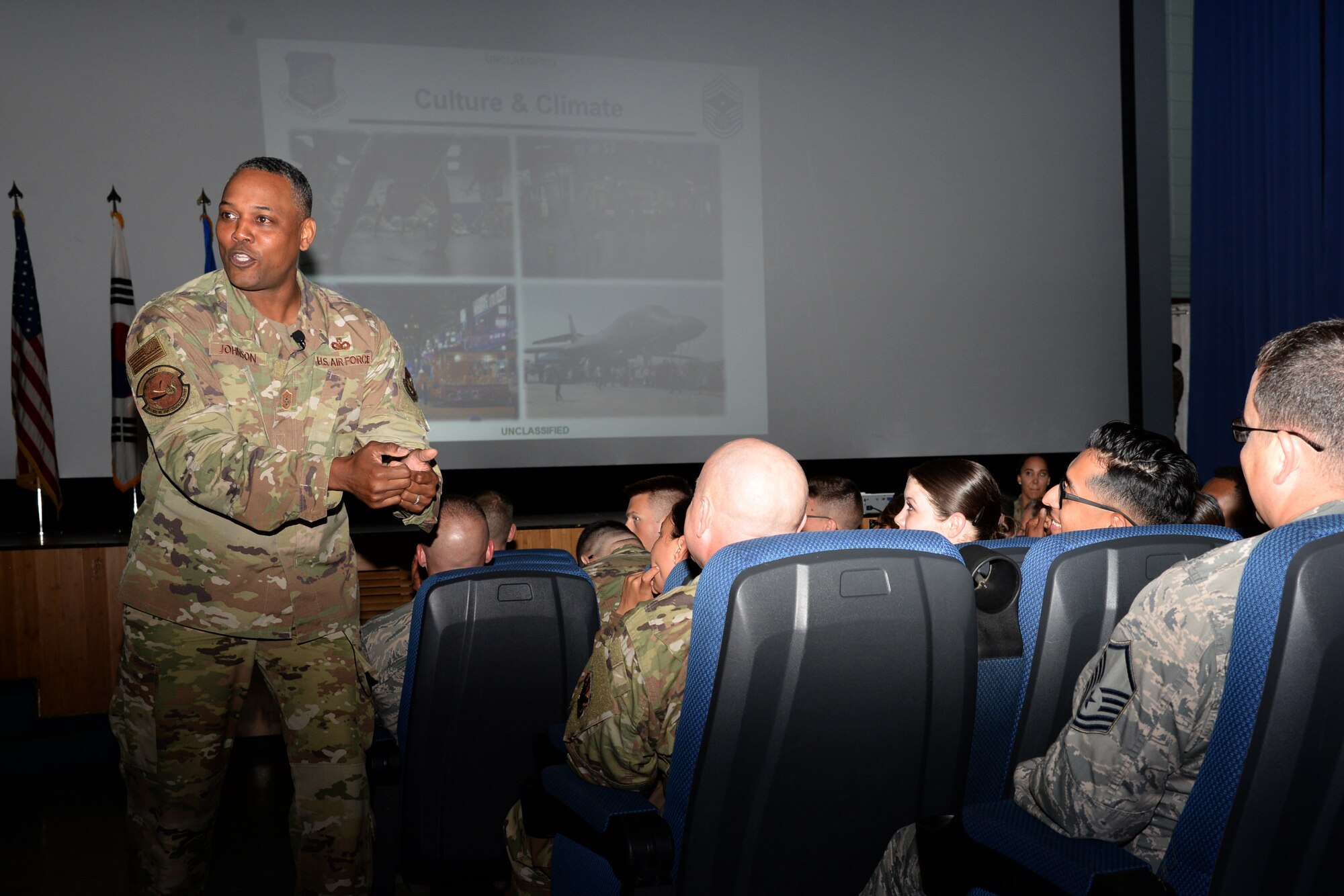 Chief Master Sergeant Anthony Johnson, Pacific Air Forces command chief, speaks to Airmen stationed at Osan Air Base, Republic of Korea, August 2, 2019.
