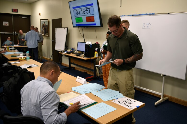 Airmen from the 8th Fighter Wing participate in a role-playing exercise mimicking a clinic customer service process during a Continuous Process Improvement class at Kunsan Air Base, Republic of Korea, July 11, 2019. The participants dealt with redundant processes, before learning to write a problem statement and find innovative solutions. (U.S. Air Force photo by Technical Sgt. Joshua P. Arends)