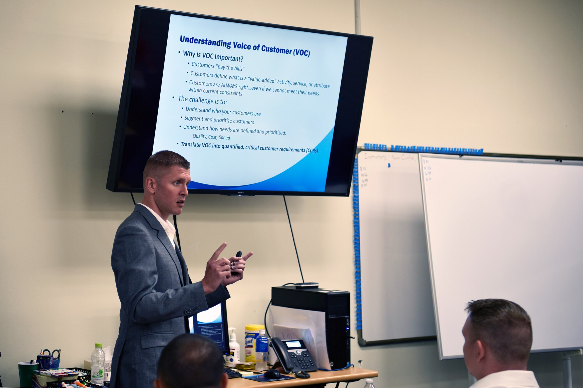 U.S. Air Force Staff Sgt. Matthew Connelly, 8th Maintenance Squadron combat plans and training supervisor, instructs a class on how to turn customer feedback into measurable data during the Continuous Process Improvement class at Kunsan Air Base, Republic of Korea, July 11, 2019. The data collected during the CPI class was used to create a problem statement and measure improvements implemented through innovations. (U.S. Air Force photo by Technical Sgt. Joshua P. Arends)