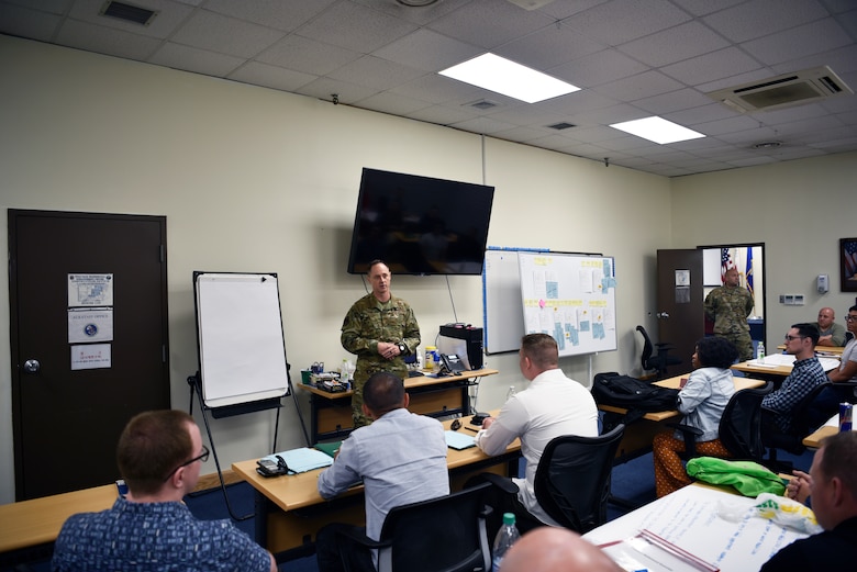 U.S. Air Force Col. Tad Clark, 8th Fighter Wing commander, encourages the airmen to be innovative and use the tools they are learning at the Continuous Process Improvement class at Kunsan Air Base, Republic of Korea, July 11, 2019. Clark visited the class to declare his intent to create a culture of innovation at the Wolf Pack, and to inspire airmen to use their voices and perspectives to help make Kunsan a better place than when they arrived. (U.S. Air Force photo by Technical Sgt. Joshua P. Arends)